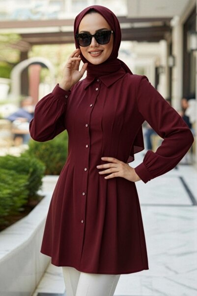 N.S NEVA STYLE Pens Detaylı Bordo Tesettür Tunik 10500BR