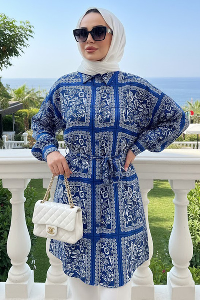 N.S NEVA STYLE Patterned Navy Blue Hijab Tunic 26601L