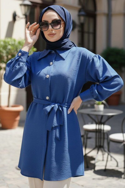 N.S NEVA STYLE Jacquard Indigo Blue Hijab Tunic 5335Im