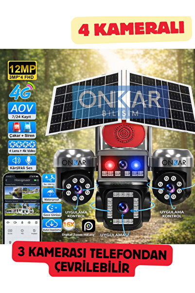 Onkar Bilişim 12MP 4 KAMERALI 3 KAMERASI PTZ 4G ESİM SİM KARTLI GÜNEŞ ENERJİL...