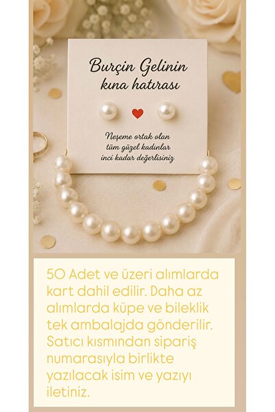 Lalim Aksesuar Kişiye Özel Kına Gecesi İnci Küpe ve Bileklik Seti | Kartlı Kı...