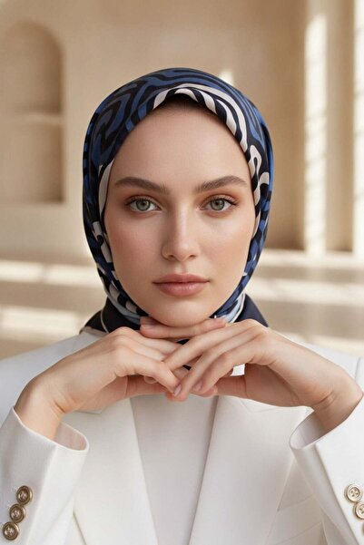 Vissona 100% Twill İpek Bordürlü Dalga Desenli İndigo - Lacivert Renkli 90x90...