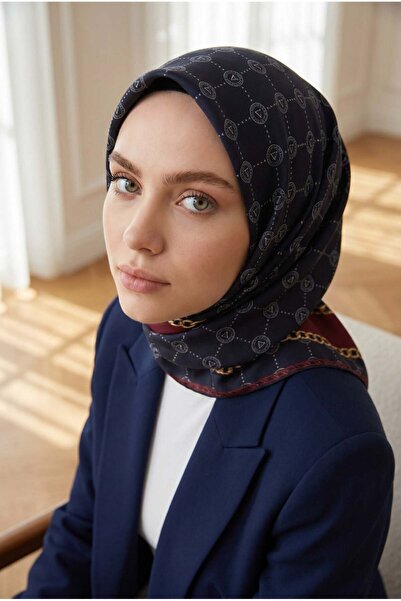 Vissona %100 Twill İpek Zincirli Ve Monogram Desenli Lacivert - Bordo Renkli ...