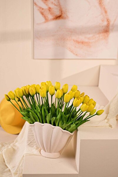 y.ç yapay çiçek marketim Sarı Yapay Tulipa Lale Çiçeği Buketi 5 Dallı Premium...