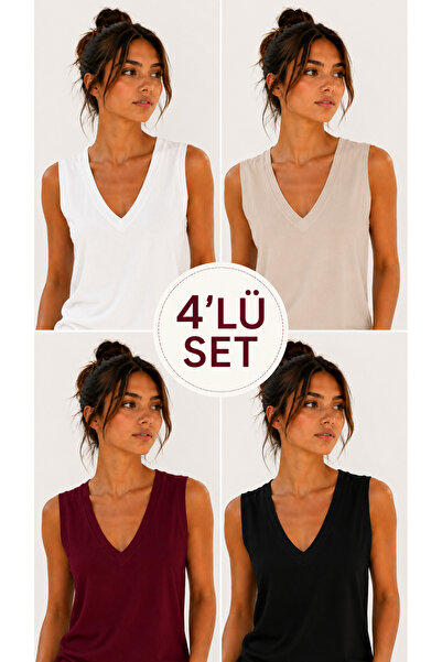 Hayalet Women's V-Neck Sleeveless T-Shirt Ultra Soft Basic Blouse - Loose Fit