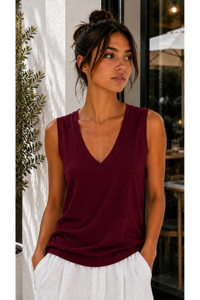 Hayalet Women's V-Neck Sleeveless T-Shirt Ultra Soft Basic Blouse - Loose Fit