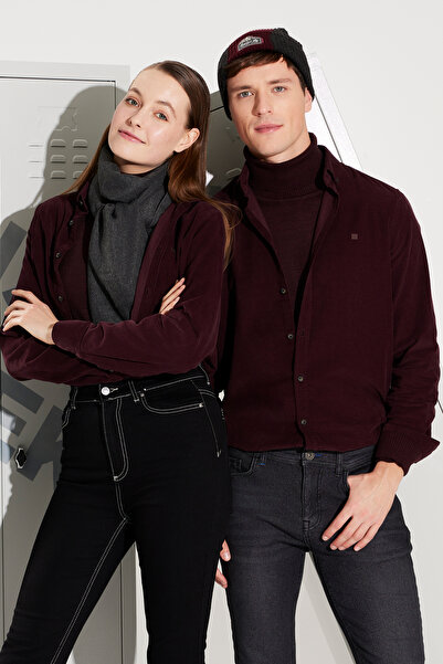 Avva Men's Burgundy Button down Collar 100% Cotton Soft Touch Velvet Regular ...