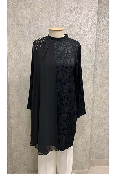 Famelin 26Y50288 TUNİK ABİYE JAKARLI KUMAŞ ŞİFON DETAYLI SİYAH