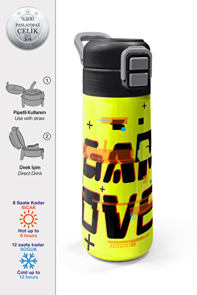 Coral High Kids Siyah Neon Sarı Game Over Desenli Pipetli ve Direkt İçim Çeli...