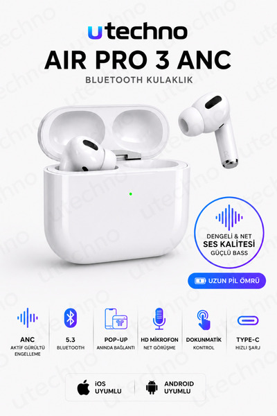 utechno Air Pro 3 Anc Gürültü Engelleyici 2026 Kablosuz Bluetooth Kulaklık Do...