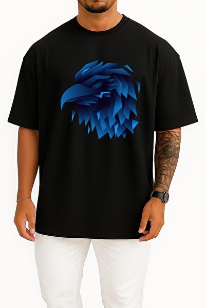 Bahriyeli Collection Oversize Blue Animation Eagle Chest Design Unisex T-Shirt