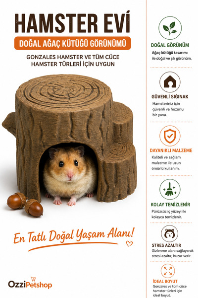 ozzipetshop Gonzales Hamster Evi Doğal Ağaç Kütüğü Görünümlü Hamster Yuvası K...