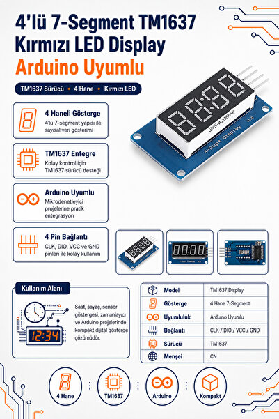 RobotikDepo 4’lü 7-Segment TM1637 Kırmızı LED Display Modülü – Arduino Uyumlu...