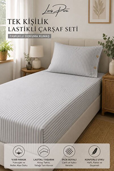Larispera Single Elastic Sheet Set Cotton Yarn Dyed 100X200Cm Buttoned Pillow...
