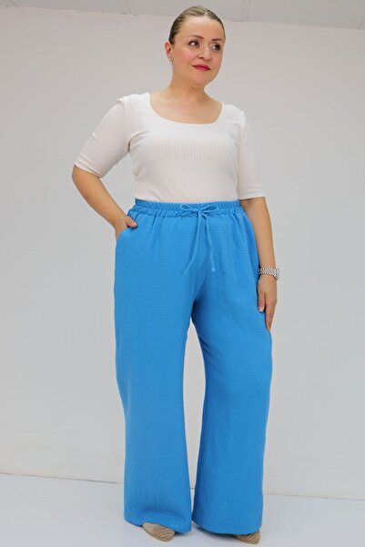 Eslina 59021 Large Size Muslin Wide Leg Trousers with Elastic Waist - Indigo