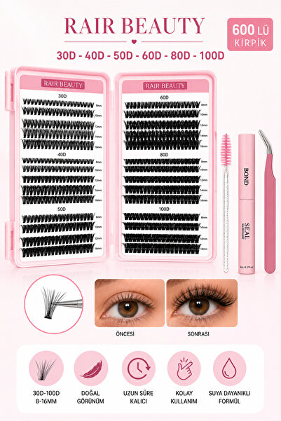 RAİR BEAUTY Profesyonel İpek Kirpik Seti 600 Parça Kirpik, Yapıştırıcı, Sabit...