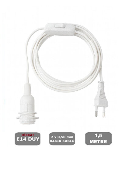 E14 Duylu 1,5 Metre Arapuarlı (AÇ KAPAT ANAHTAR) Fişli Seyyar (2X0,50) (BEYAZ) 65W