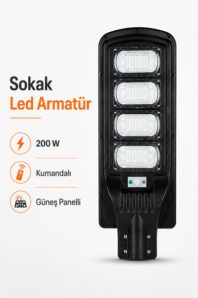 Badem10 SOLAR 200W LED Armatür Güneş Enerjili Kumandalı Sokak Bahçe Dış Mekan...