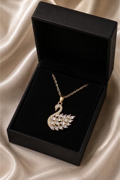 CAXBERN Shipped with Box 316L Steel Gold Swan Necklace with Zircon Stone