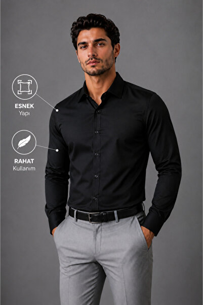 cto your style Slim Fit Uzun Kollu Likralı kumaş SIYAH Erkek Gömlek