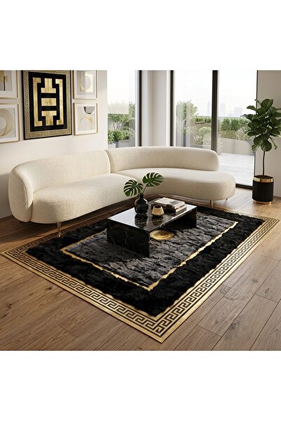 SANCAK DERİ HALI MODERN GOLD VARAKLI SİYAH VE GRİ TOSKANA HALI