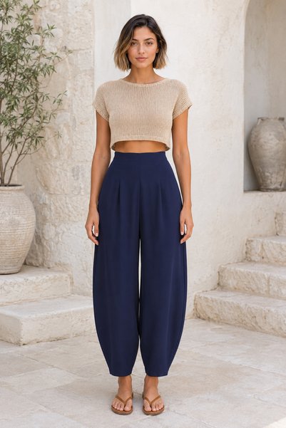 BILDEŞA Pantaloni din crep albastru închis cu talie înaltă