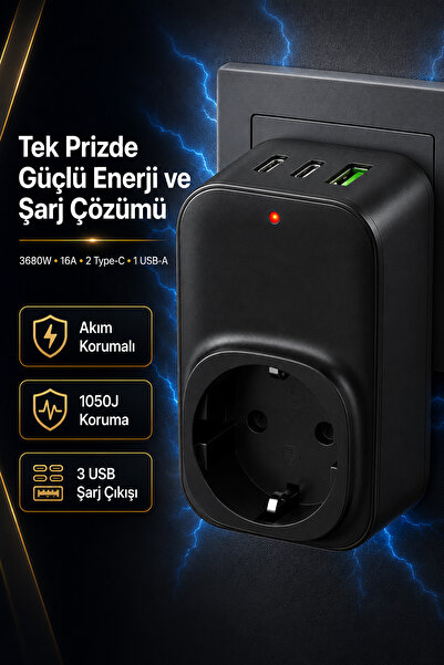The Wlue 3680W Akım Korumalı Priz | Çoklu Şarj Adaptörü | 2xType-C | 1xUSB-A ...
