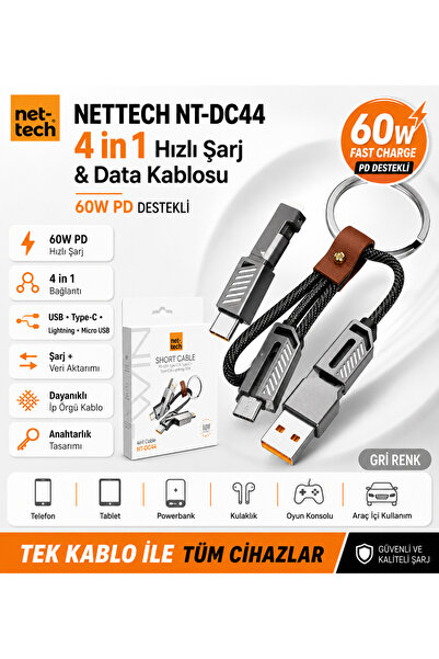 Nettech NT-DC44 4 in 1 60W PD Hızlı Şarj ve Data Kablosu USB Type-C Lightning...