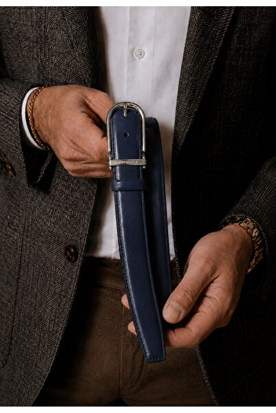Boventura Clip-On Navy Blue Leather Belt Classic - Men's 100% Genuine Leather...