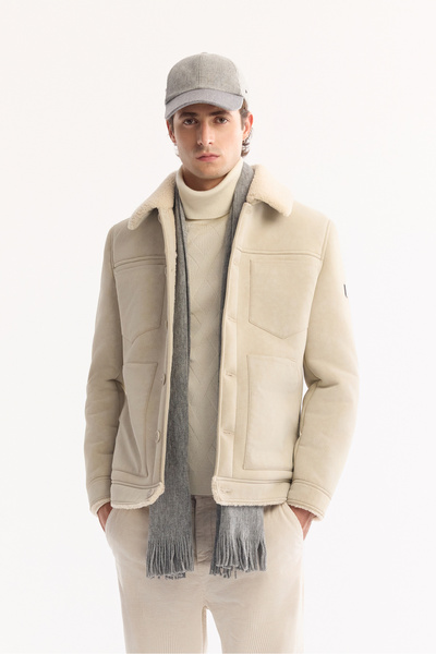 Avva Men's Ecru Fur Collar Napa Comfort Fit Coat A52Y6057