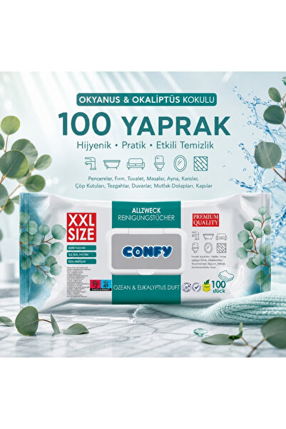 Confy Yüzey Temizlik Havlusu Mendili Okyanus & Okaliptüs Kokulu XXL 100’lü (1...