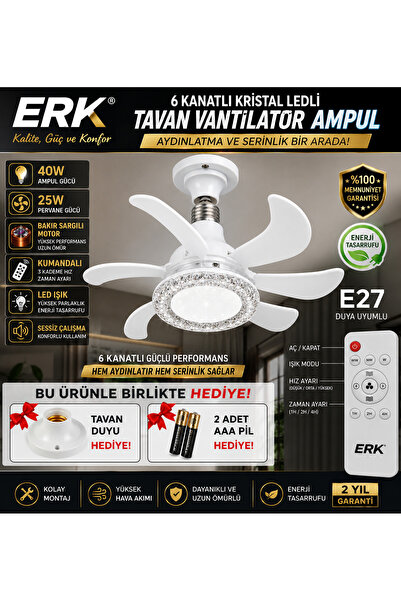 ERK E27 Duya Takılabilen Tavan Vantilatörü Kristal Ledli Kumandalı 6 Kanatlı ...