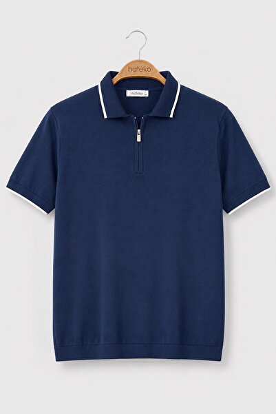 hateko Navy Blue 100% Cotton Piped Half-Zip Polo Neck Knitwear T-Shirt