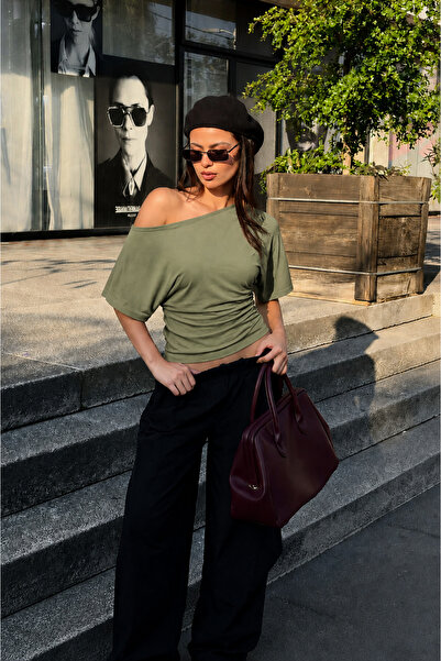 COMBİNE MİCHAİL Bluză crop kaki, strânsă, casual, de zi cu zi, pentru femei