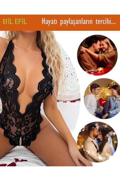 EFİL EFİL Kadın Siyah Gecelik Ev Dantelli Iç Çamaşırı Seti Tül Bileklik Ve Ta...