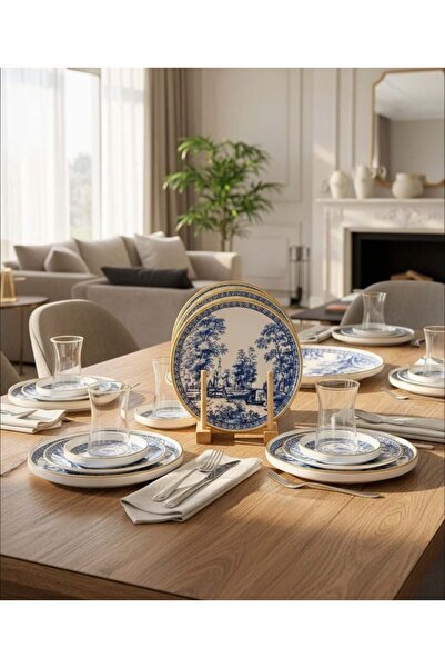 Onedekor 18 Parça Antik Blue Pasta Çay Takımı Seti