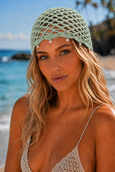 TOM COMPANY Water Green-Pearl Embroidered Knitted Bohemian Hair Accessory Mes...
