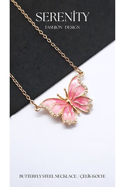 Serenity Zircon Stone Enamel Butterfly Steel Necklace