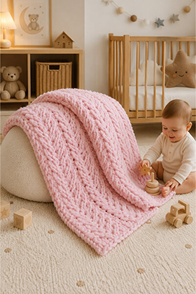 Custom Baby Alize Puffy El Örgüsü Bebek Battaniyesi - Mavi | Yenidoğan & Bebe...