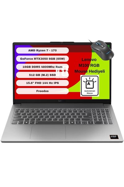 LENOVO LOQ 15ARP10E 83S000E0TR AMD Ryzen 7 170 16GB 512GB SSD RTX 3050 Freedo...