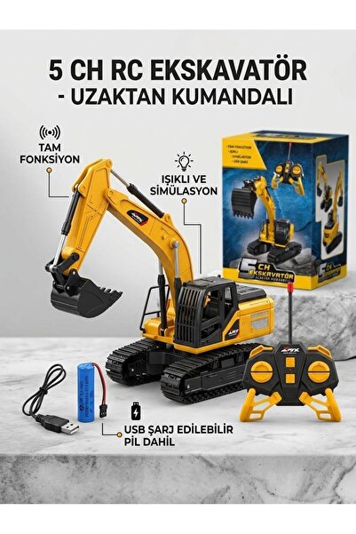5 Kanallı Uzaktan Kumandalı Şarjlı Işıklı Ekskavatör Kepçe İş Makinesi 1:24 Ölçek