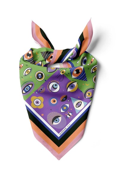 Modabutik Violla E55 Kadın Mor Yeşil Göz Desenli 50x50 Bandana HYL DG01673-22