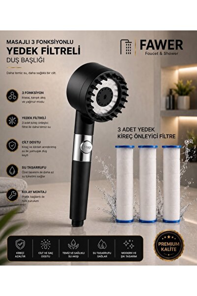 FAWER Faucet & Shower Masajlı 3 Fonksiyonlu Filtreli Antrasit El Duşu ve Yede...