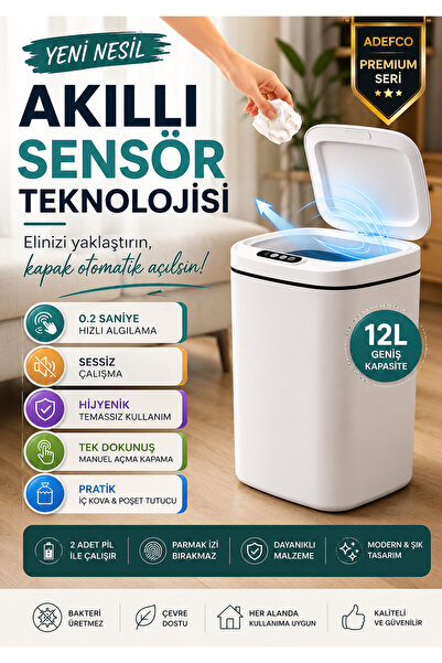 ADEFCO Sensörlü Çöp Kovası 12L Otomatik Kapak Temassız