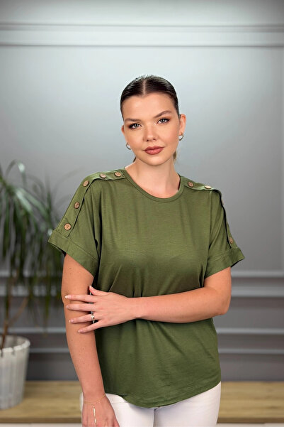 Bİ.GİYSEN Women's Green Large Size Shoulder Button Detailed Lycra Buluz