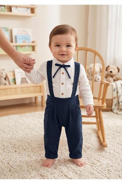 Efemkids 6/24 ay erkek bebek 3'lü erkek bebek takım salopetli ip papyonlu beb...