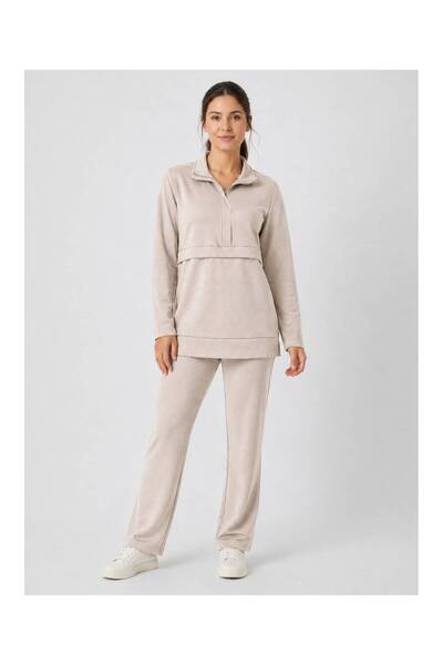 Köşedeki Dükkan Half Zipper Detailed Premium Modal Double Suit - Stone