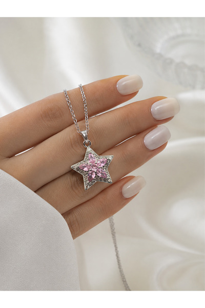 Duiwerlis Women's Silver Color Star Necklace with Pink Stone Zircon Detail, Stylish Minimal Steel