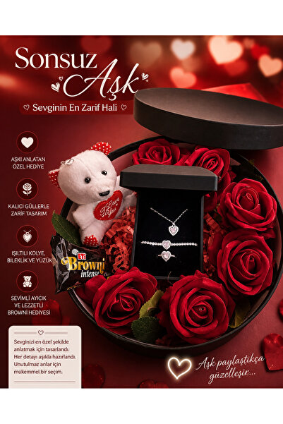 Flurose Kırmızı Gül Buketi Işıklı Kutuda Bileklik Kalpli Kolye Yılbaşı 14 Şub...