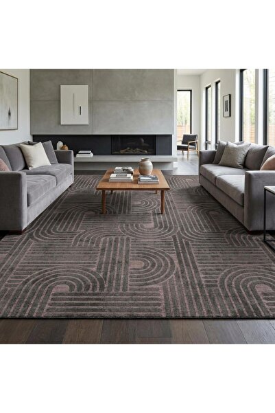 Antrasit Modern Geometrik Desenli Dijital Baskılı Kaymaz Tabanlı Yıkanabilir Halı Dijital Baskı Halı